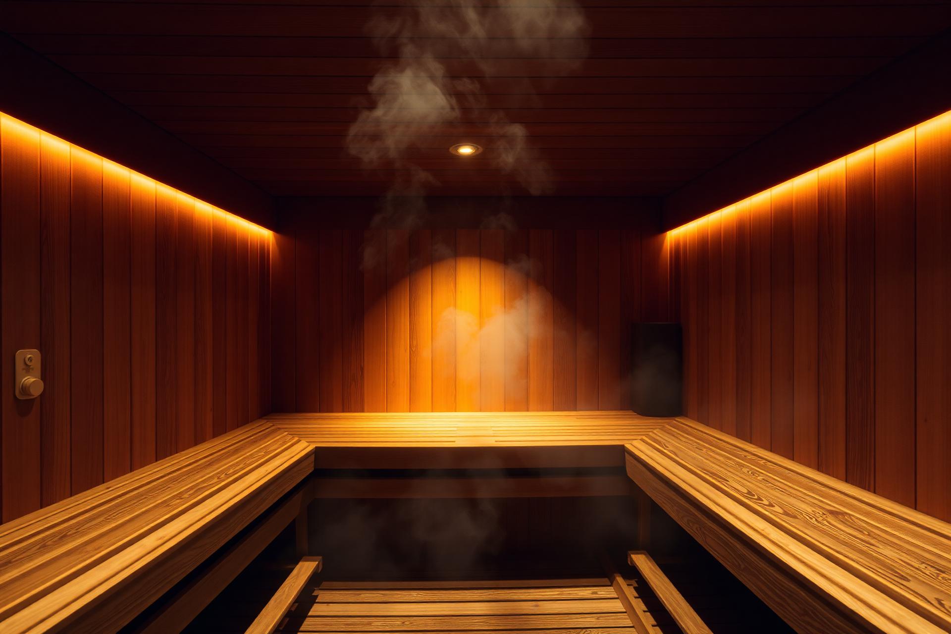 Warm cedar sauna interior with steam